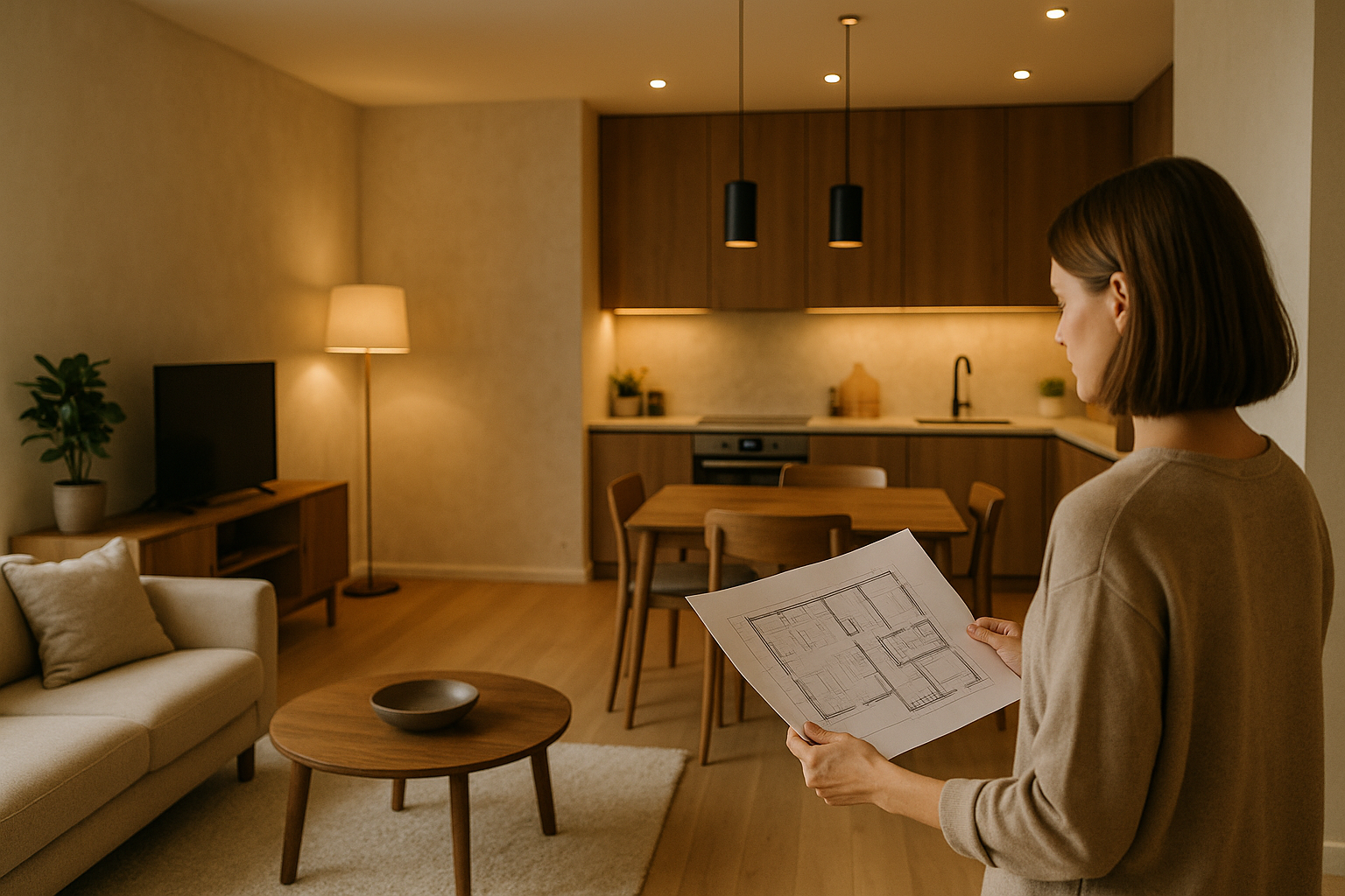Interno moderno con living e cucina integrata, luce stratificata e materiali opachi naturali