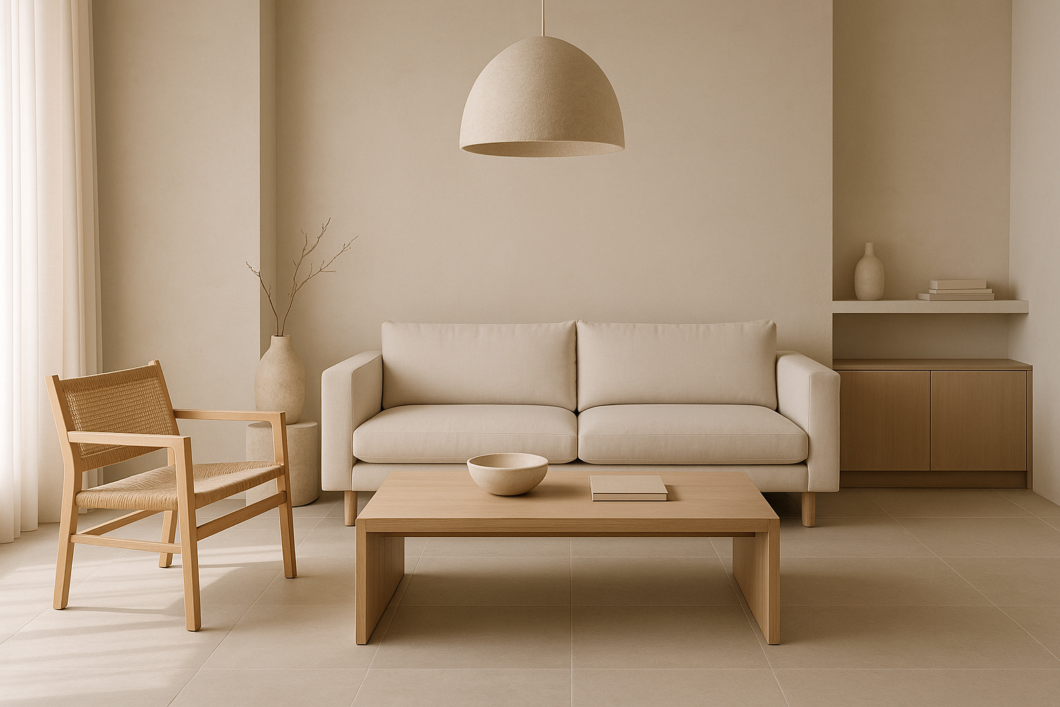 Interno minimalista con luce naturale, palette neutra e arredi essenziali