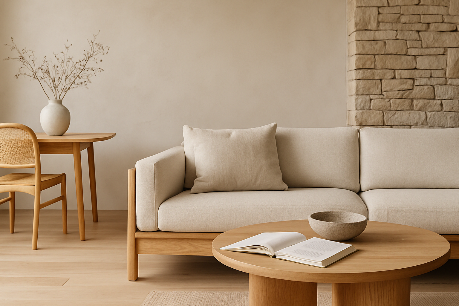 Interno contemporaneo con materiali naturali: legno, intonaco minerale e pietra in palette neutra