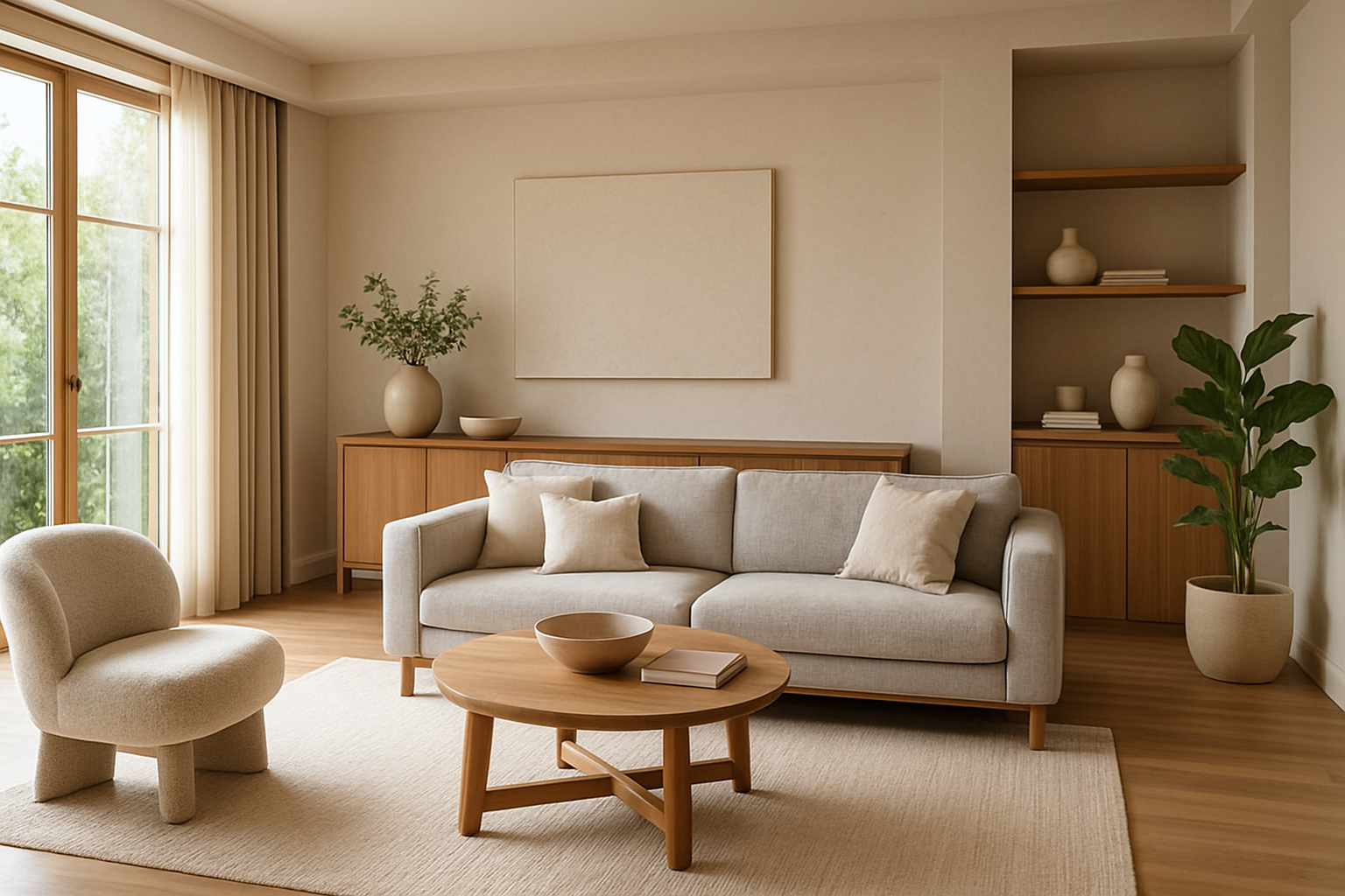 Interno domestico progettato per il comfort abitativo con luce naturale, materiali caldi e layout ordinato