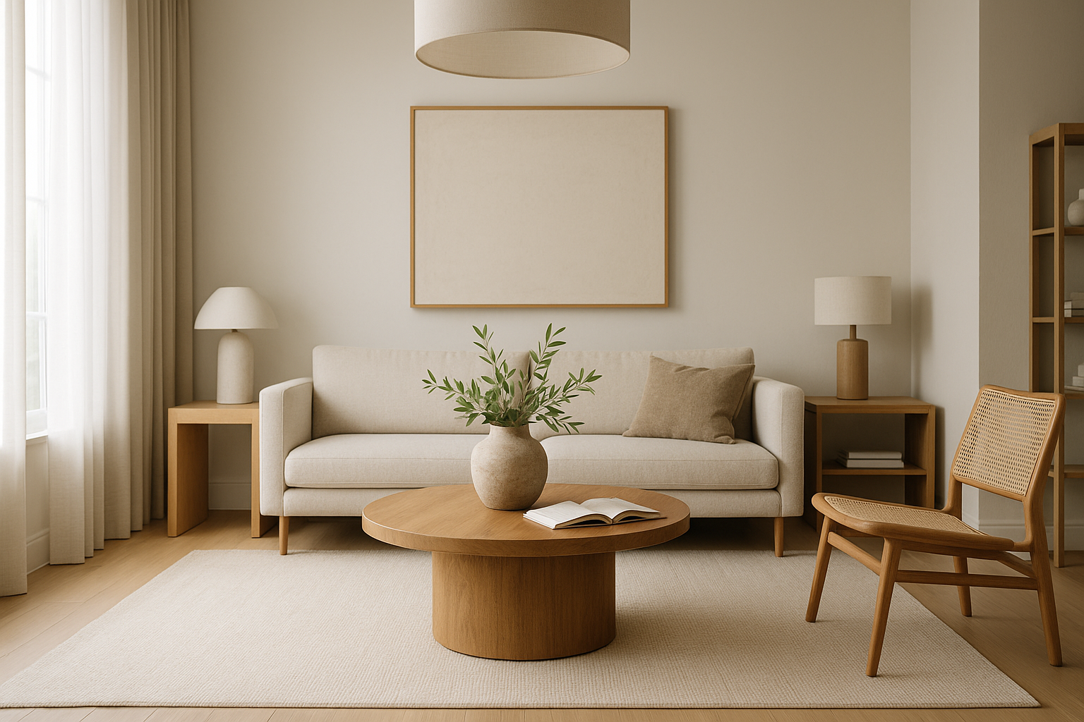 Soggiorno contemporaneo con arredi proporzionati, materiali naturali e illuminazione stratificata per unire estetica e funzionalità