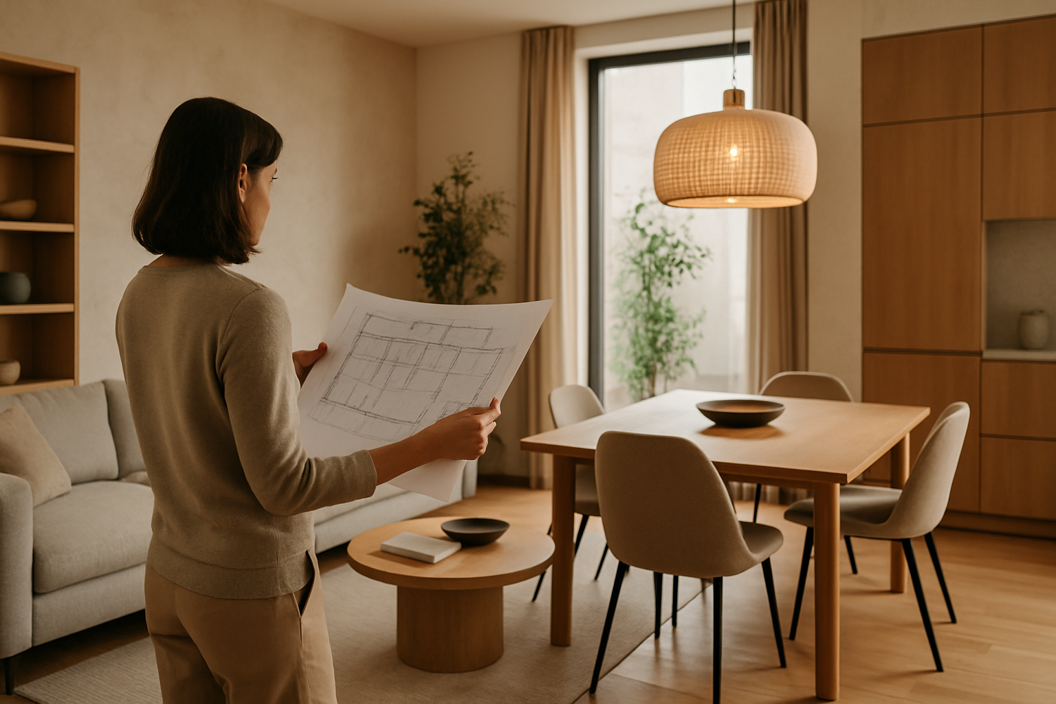 Zona giorno contemporanea con layout flessibile, materiali opachi e arredi modulari