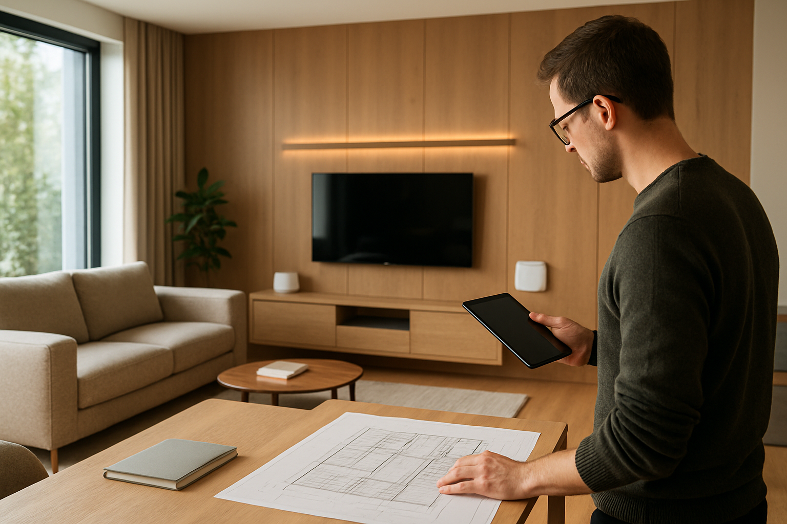 Interno contemporaneo con tecnologia integrata e materiali naturali per migliorare comfort e sostenibilità
