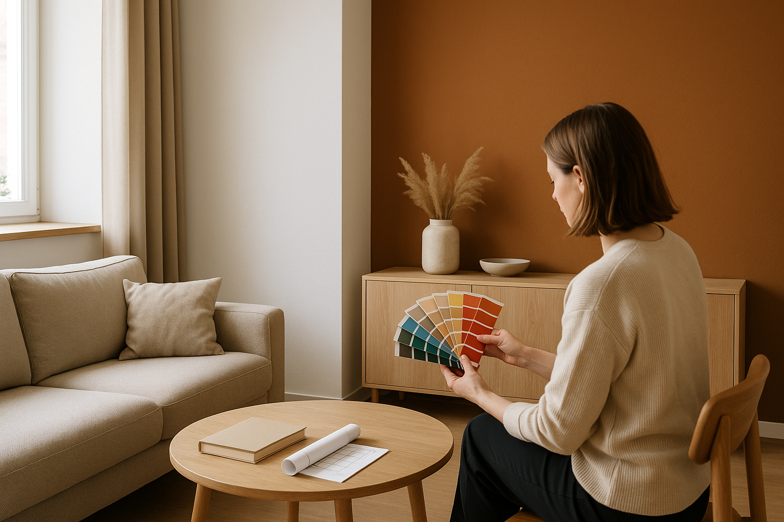 Esempio di uso del colore in un interno contemporaneo con parete d’accento e luce naturale