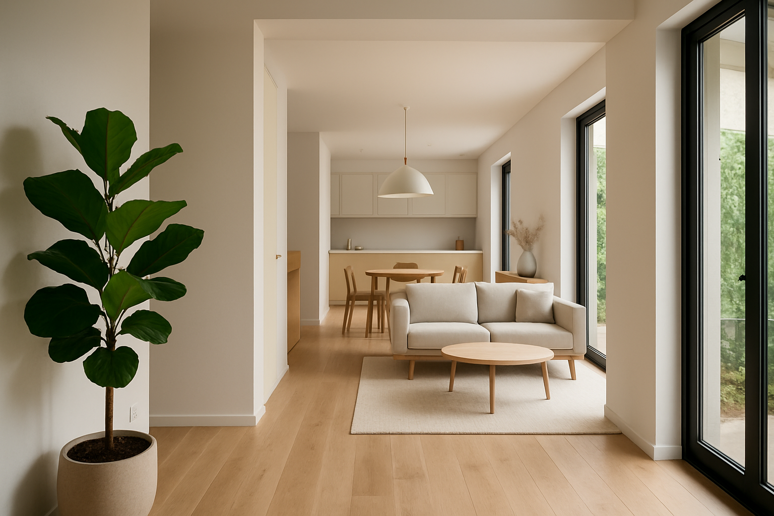 Esempio di distribuzione degli spazi con percorsi chiari e luce naturale in un interno moderno