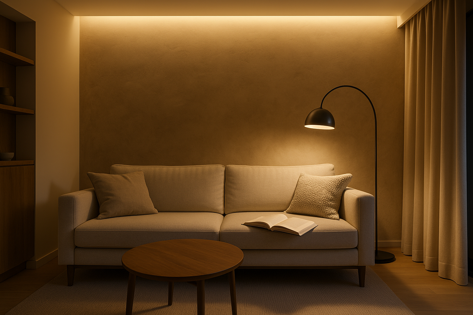 Ambiente interno con illuminazione stratificata tra luce generale, accento e luce funzionale