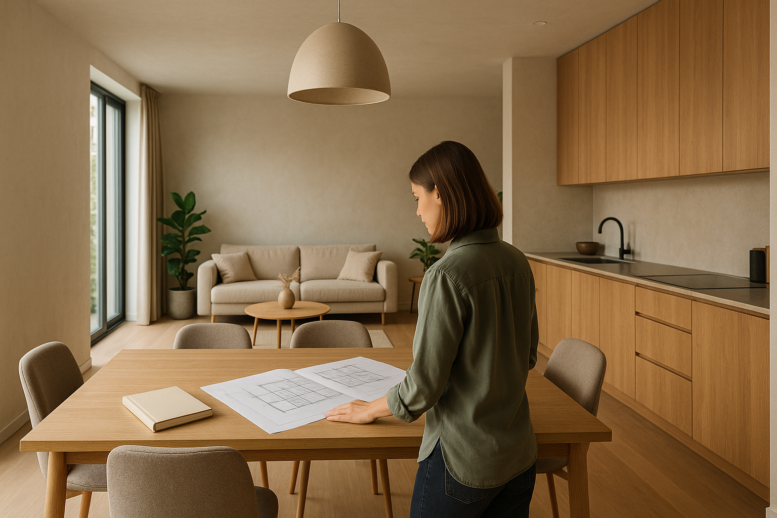 Ambiente moderno progettato con layout aperto, luce naturale, materiali opachi e soluzioni di contenimento integrate