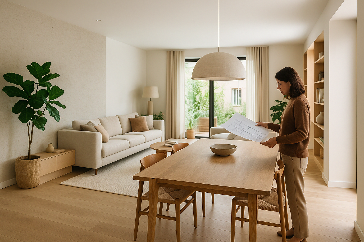 Zona giorno luminosa con layout funzionale, materiali coerenti e illuminazione stratificata per valorizzare lo spazio abitativo