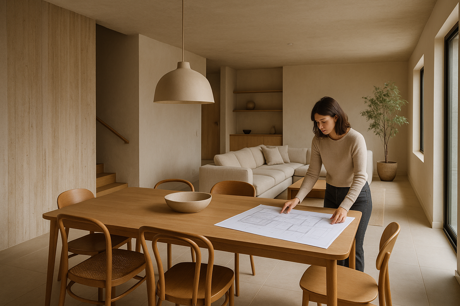 Interno contemporaneo con materiali materici, luce naturale e layout flessibile
