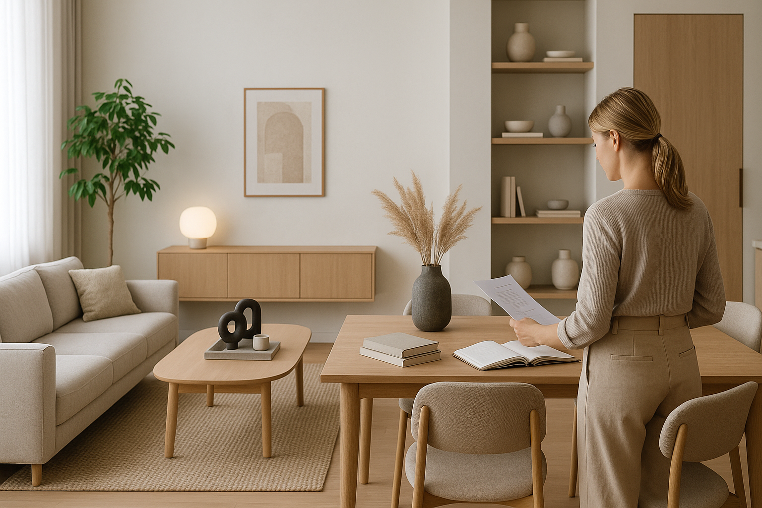 Interno contemporaneo che mostra equilibrio tra estetica e funzionalità con luce stratificata e arredi ben proporzionati