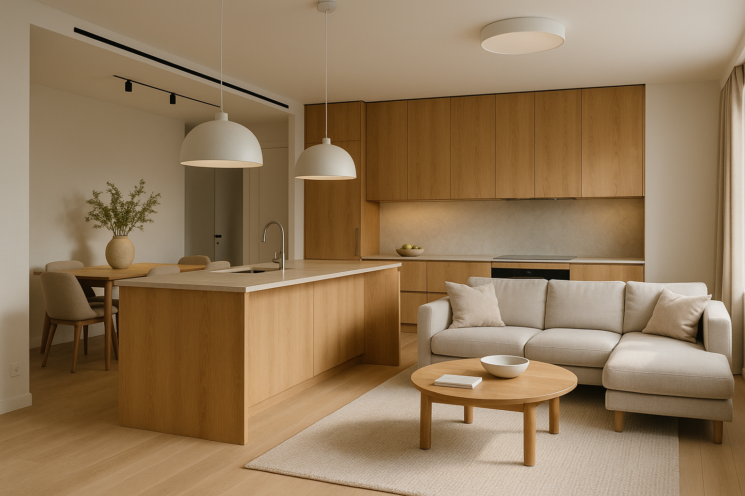Open space contemporaneo con cucina a isola e zona living definita da arredi e illuminazione