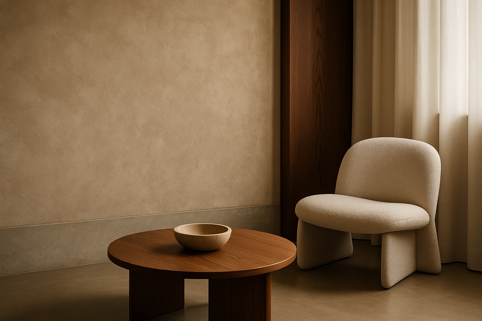 Interno contemporaneo con superfici materiche e contrasti tra texture e finiture