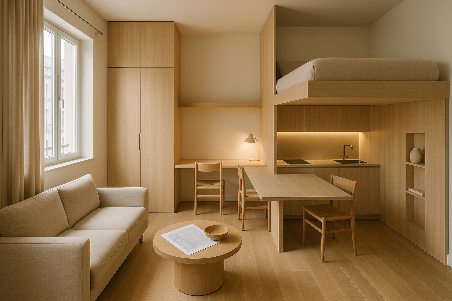 Soluzioni di architettura d’interni per un appartamento piccolo con arredi su misura e illuminazione stratificata