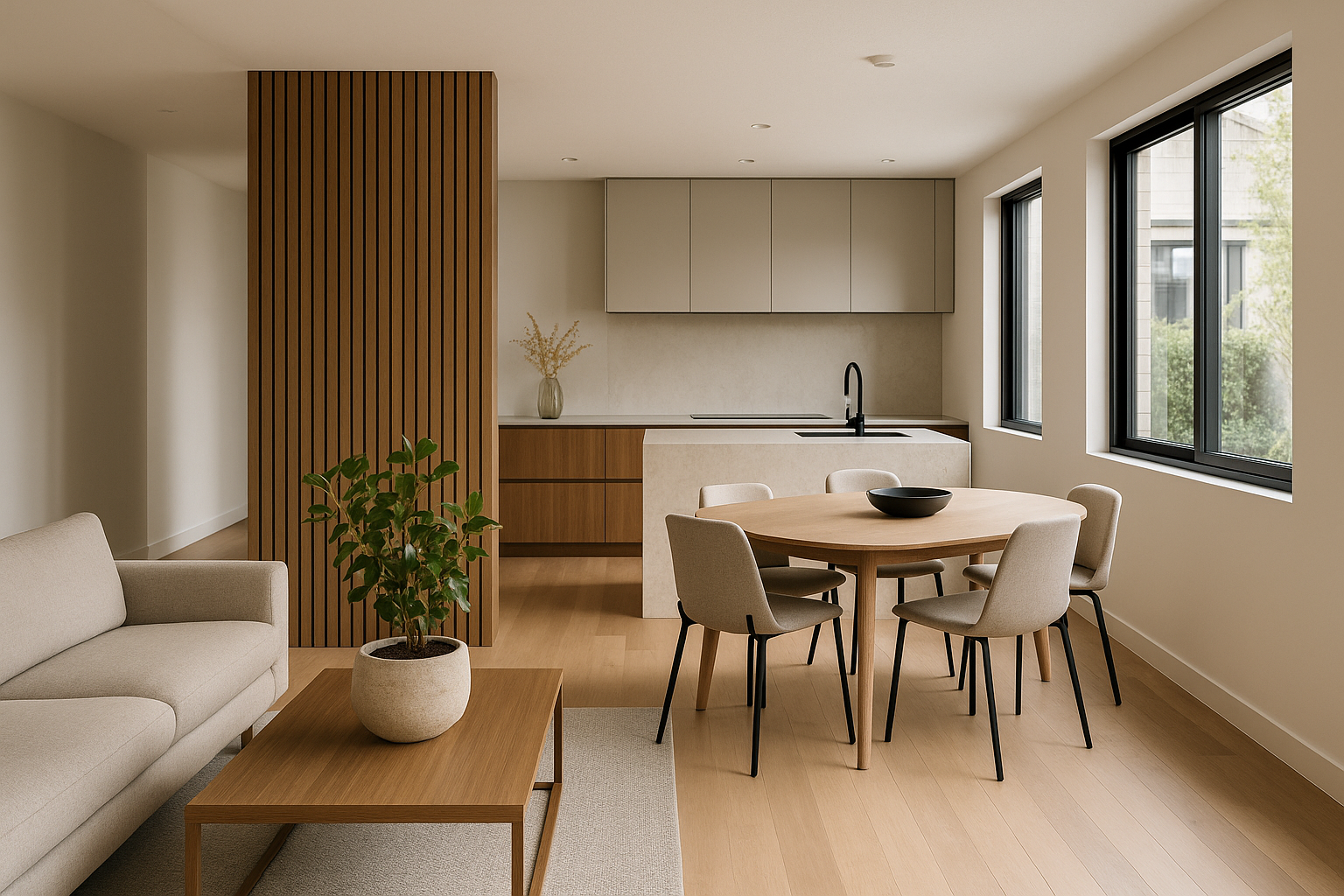 Spazio interno contemporaneo organizzato con layout funzionale e zone ben definite