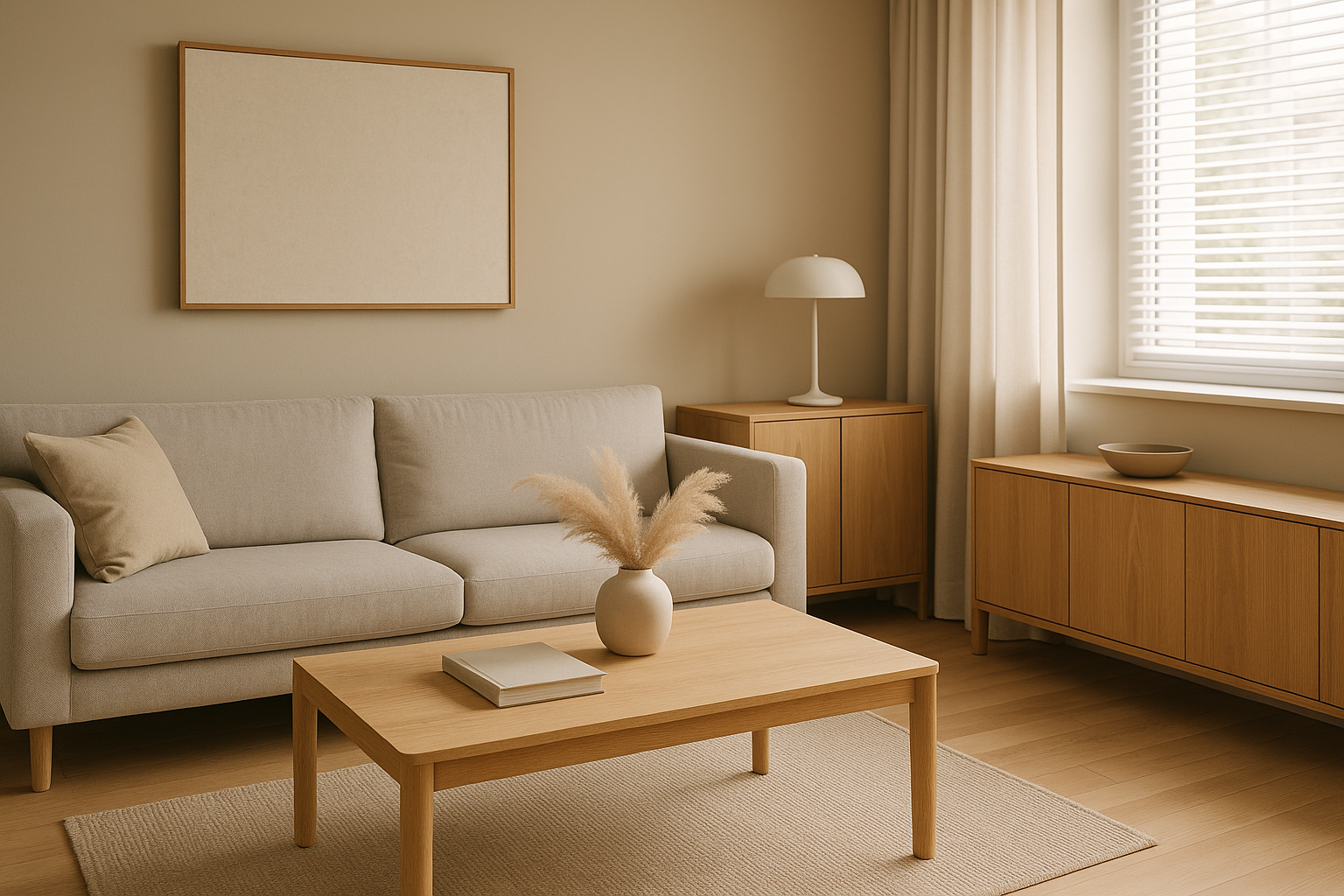 Spazio interno contemporaneo con luce naturale, materiali caldi e layout funzionale