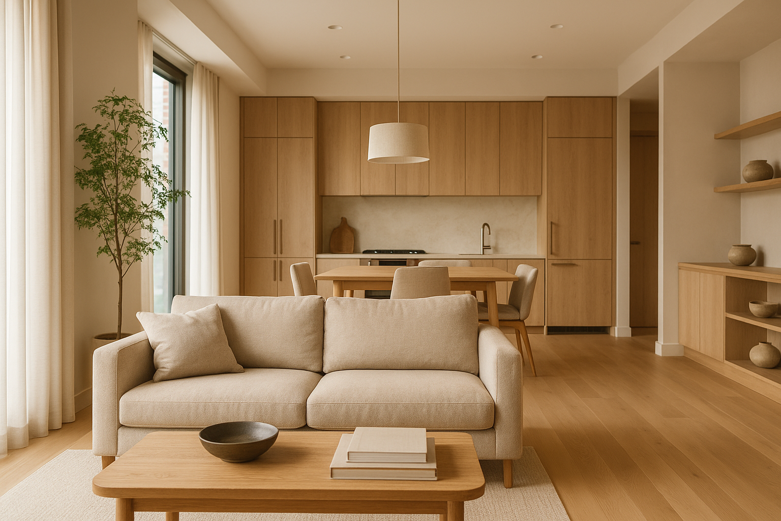 Spazio living contemporaneo con layout aperto, luce naturale e materiali caldi