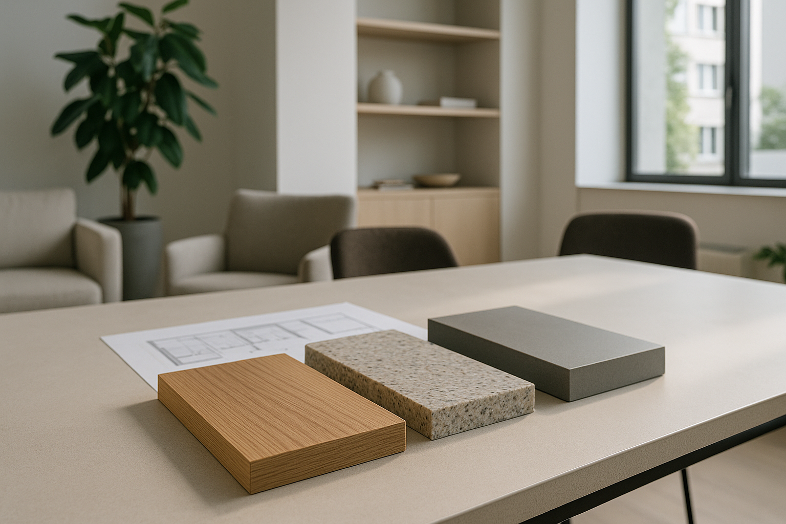 Campioni di materiali innovativi per architettura d’interni su tavolo di progetto in un interno contemporaneo
