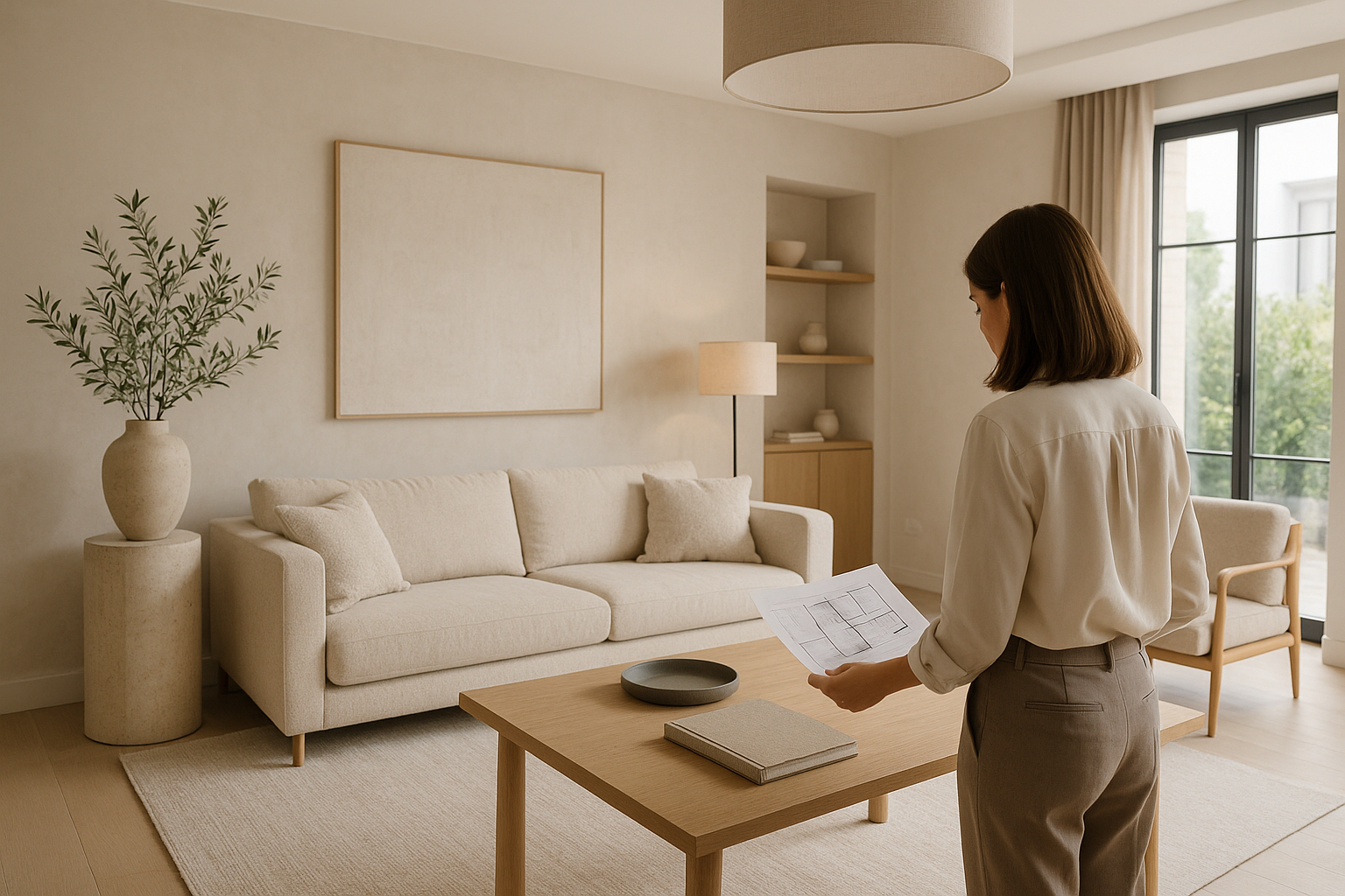 Soggiorno contemporaneo con luce naturale, palette neutra e arredi essenziali per valorizzare lo spazio