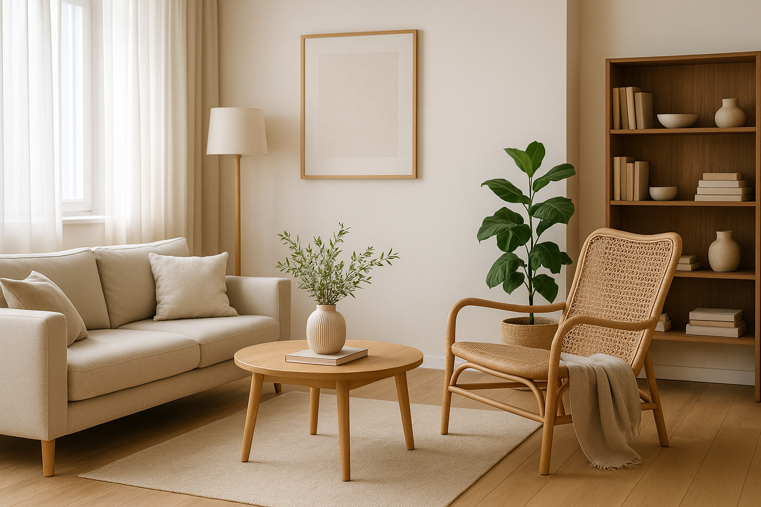 Zona giorno contemporanea luminosa con arredi funzionali, luce stratificata e materiali caldi per favorire il benessere domestico