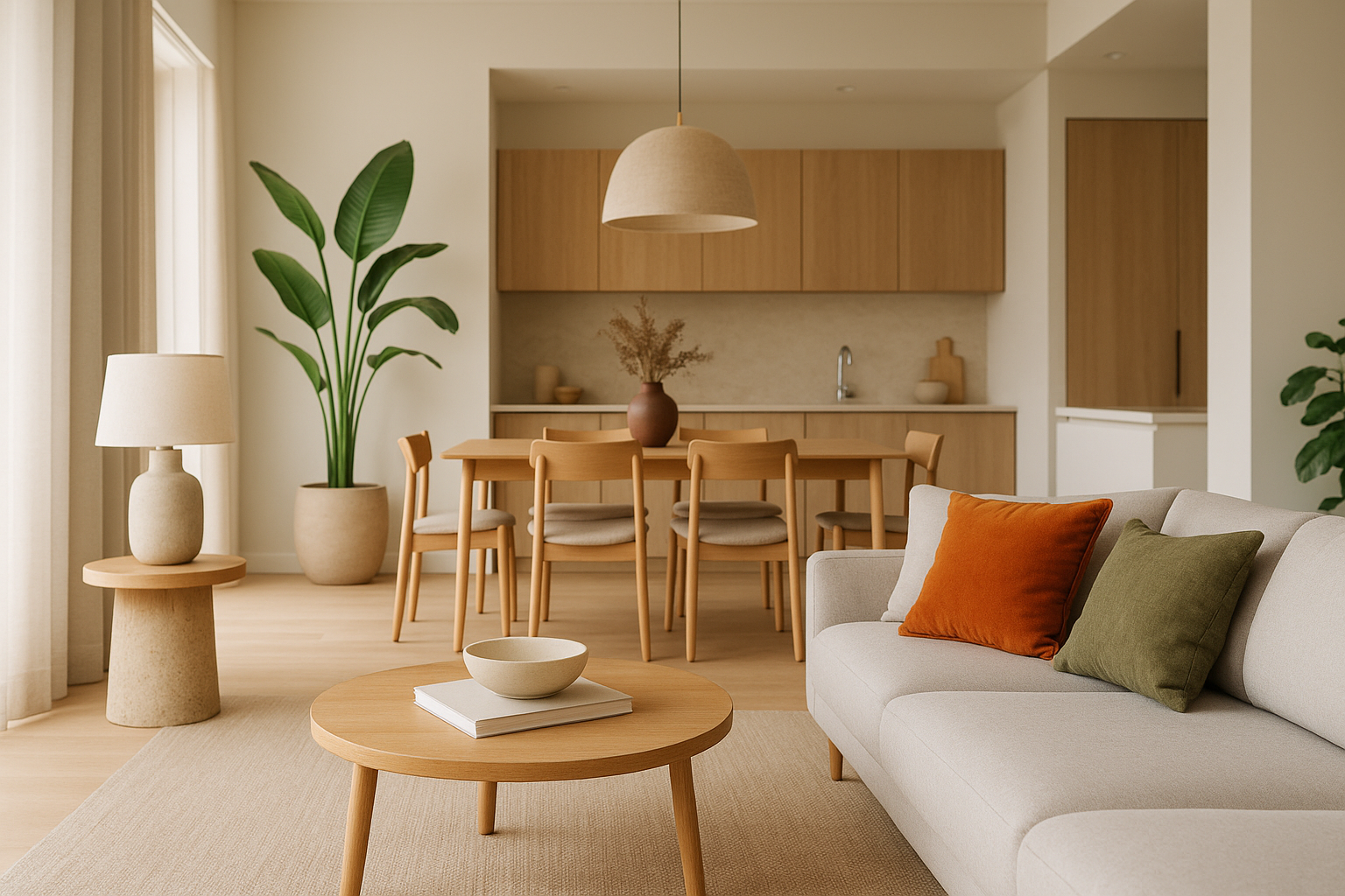 Zona giorno di una casa moderna con layout flessibile, luce stratificata e materiali materici