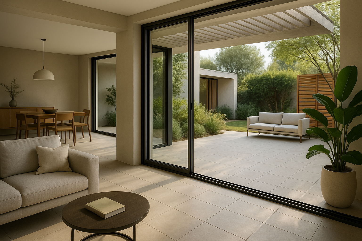 Integrazione tra soggiorno e patio con soglia continua, schermature e luce naturale controllata