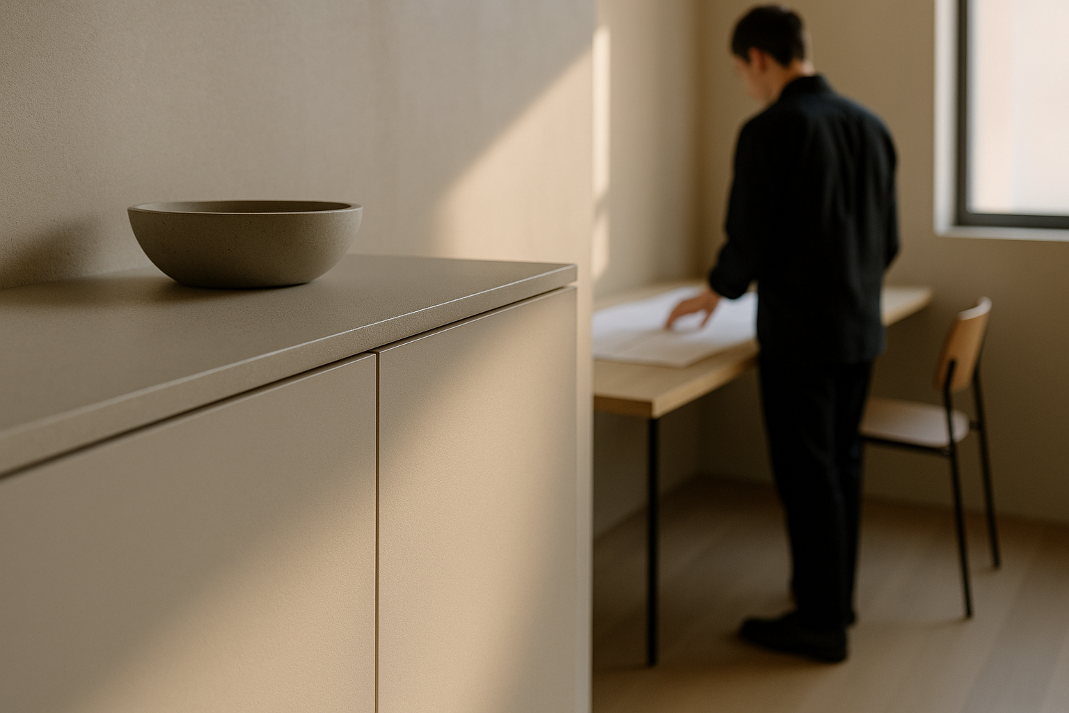 Interno contemporaneo con dettagli progettuali curati, giunti allineati e illuminazione studiata