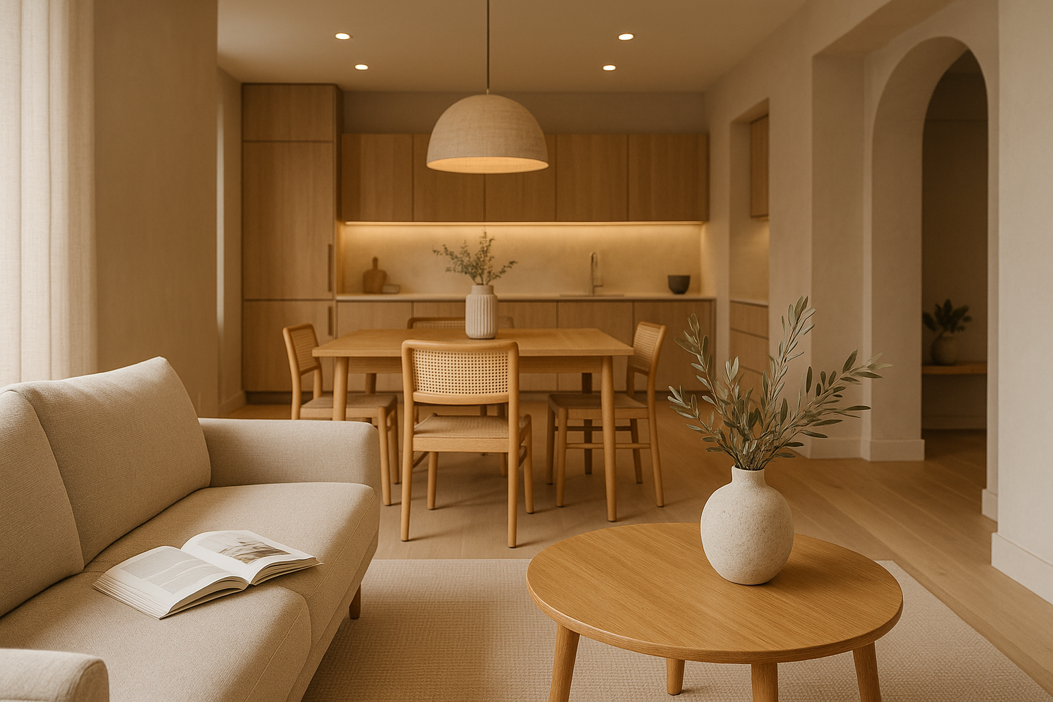Zona giorno contemporanea con layout aperto, materiali naturali e illuminazione stratificata