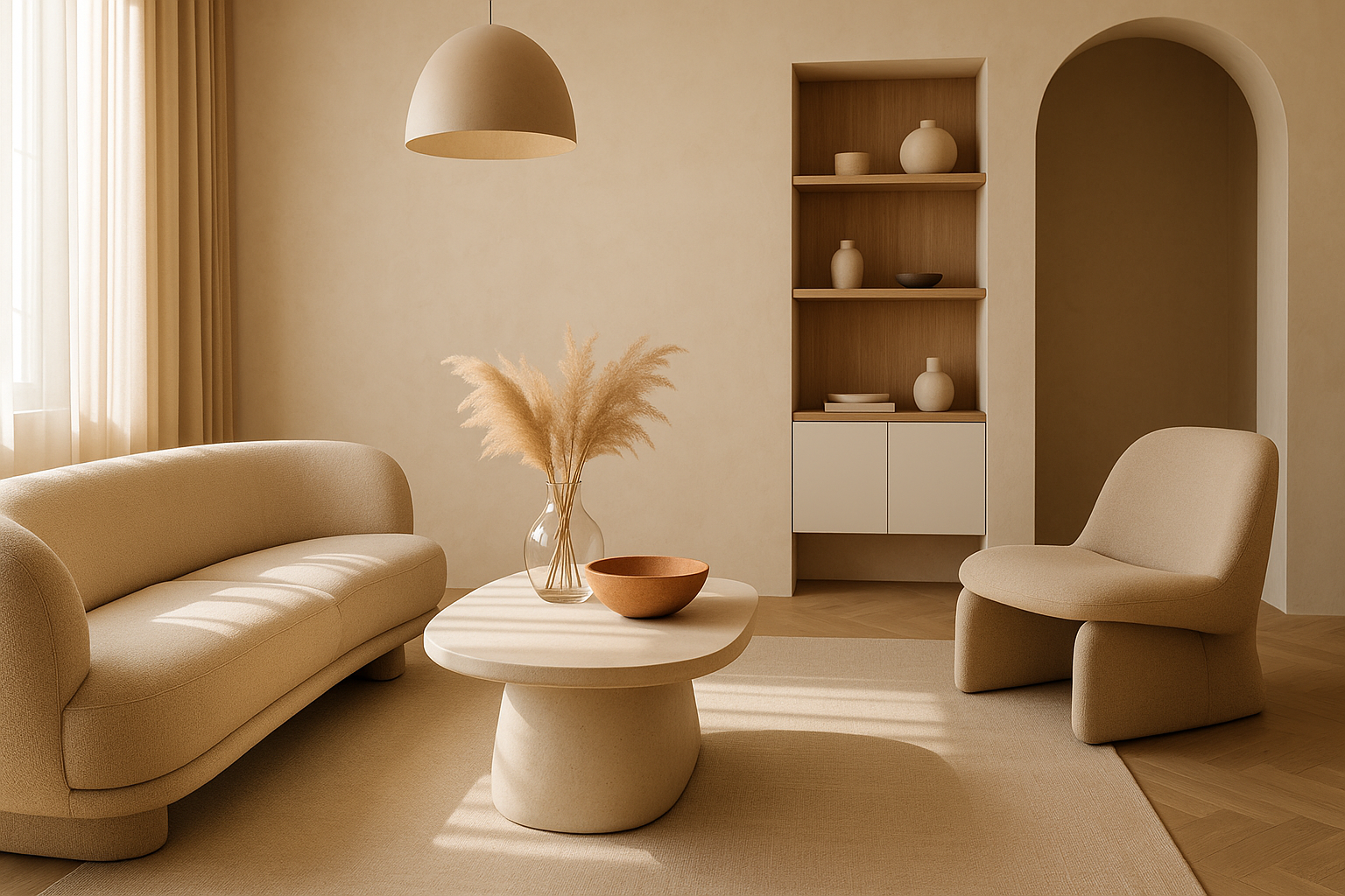 Interno contemporaneo con palette calda, finiture opache e arredi curvi in un ambiente luminoso e ordinato