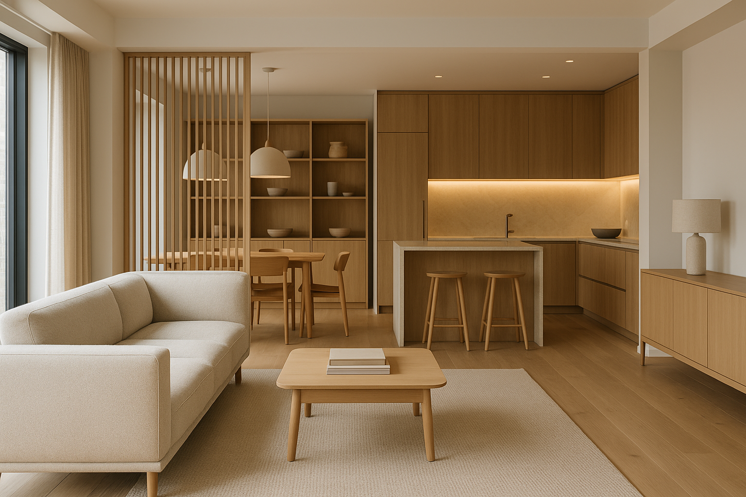 Ambiente interno contemporaneo personalizzato con arredi su misura, palette neutra e illuminazione stratificata