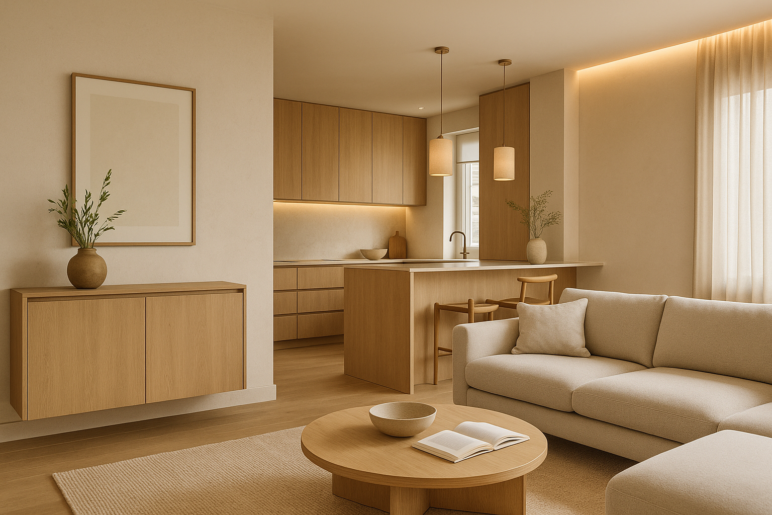 Soggiorno contemporaneo luminoso con cucina semi-aperta, palette neutra e illuminazione stratificata