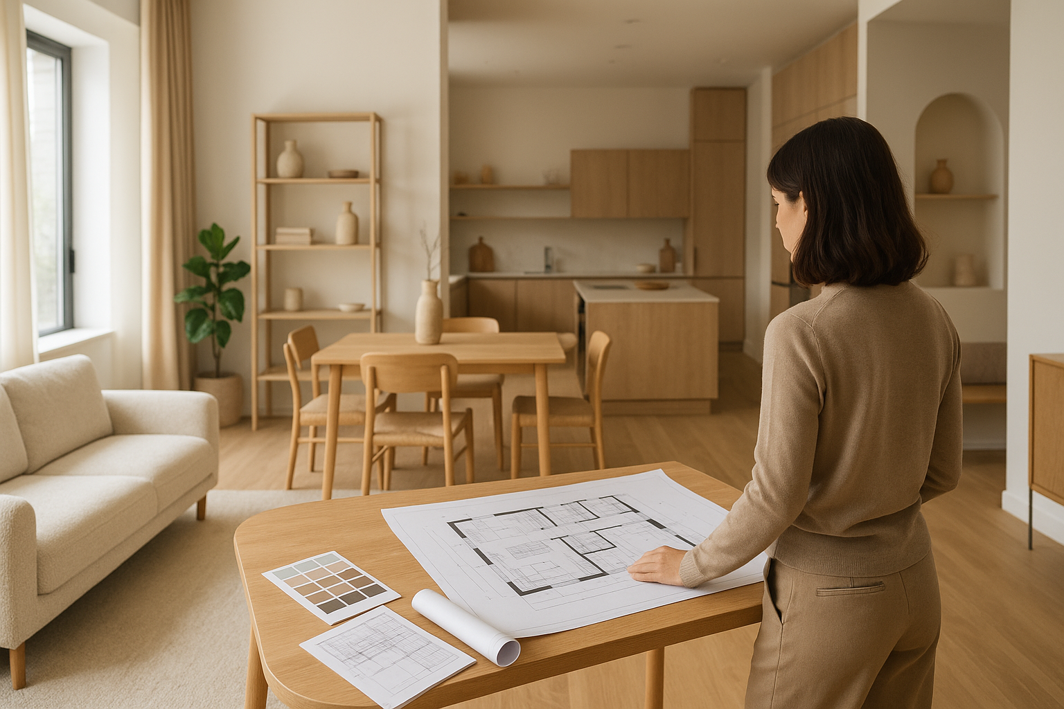 Interno contemporaneo con micro-zone funzionali, luce naturale e materiali neutri