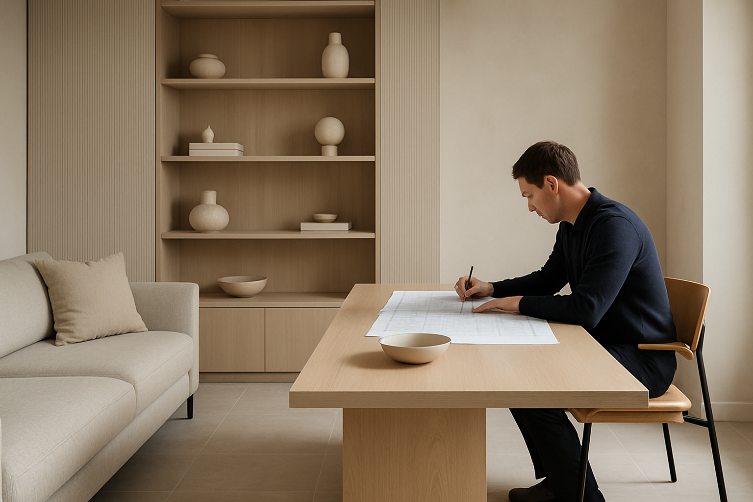 Interno contemporaneo con luce naturale e soluzioni progettuali integrate per comfort e funzionalità