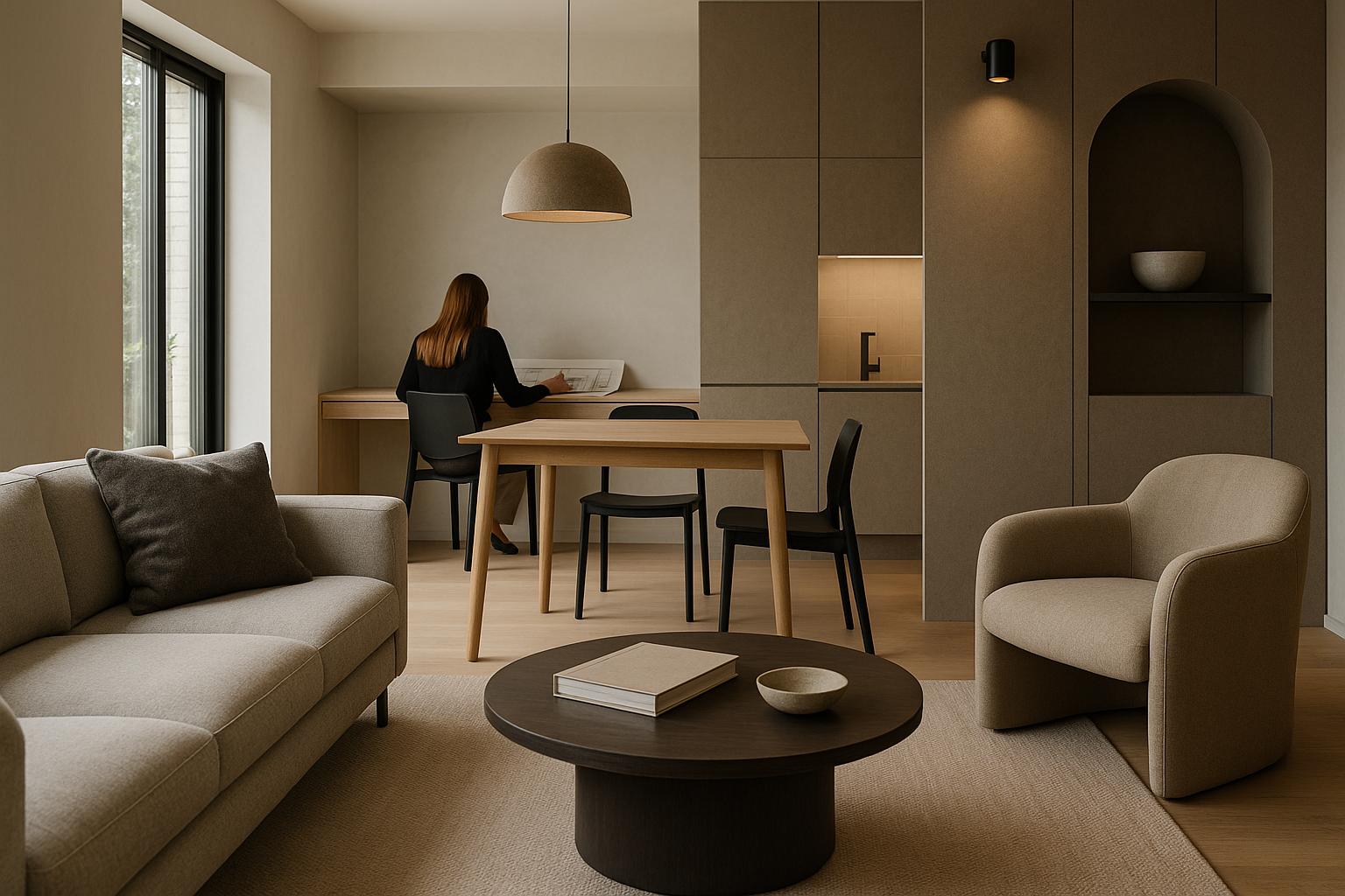 Interno contemporaneo con spazio ibrido, illuminazione stratificata e materiali opachi