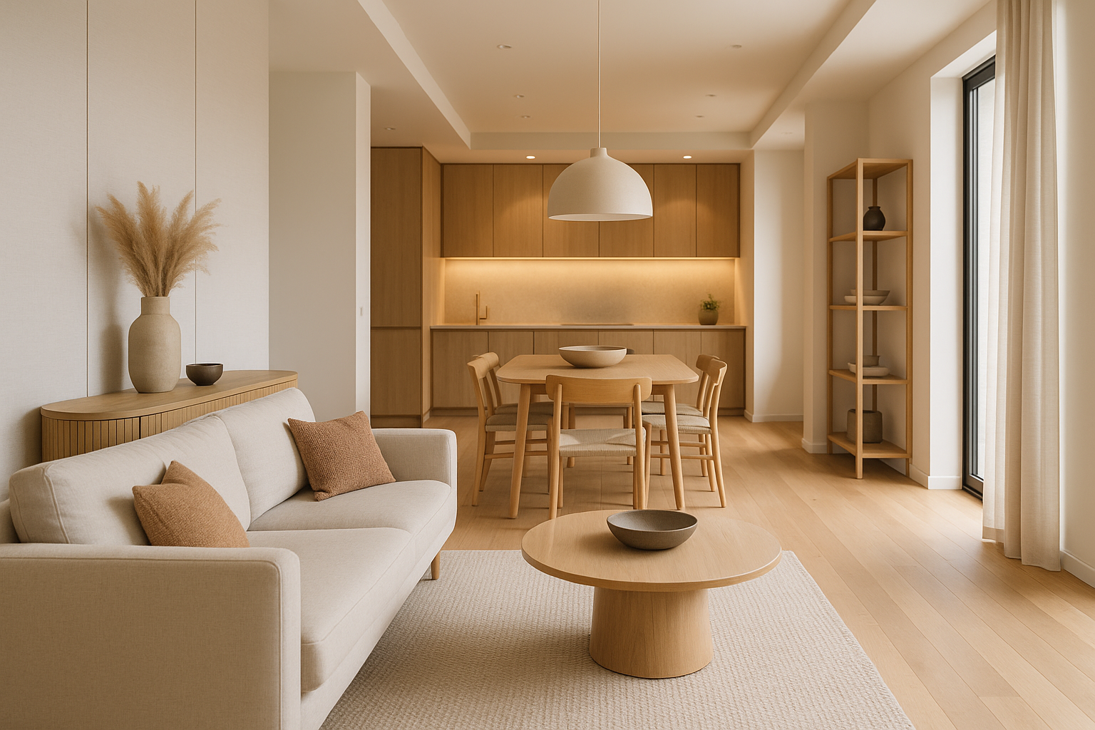 Zona giorno contemporanea con layout funzionale, luce naturale e contenimenti integrati per valorizzare lo spazio