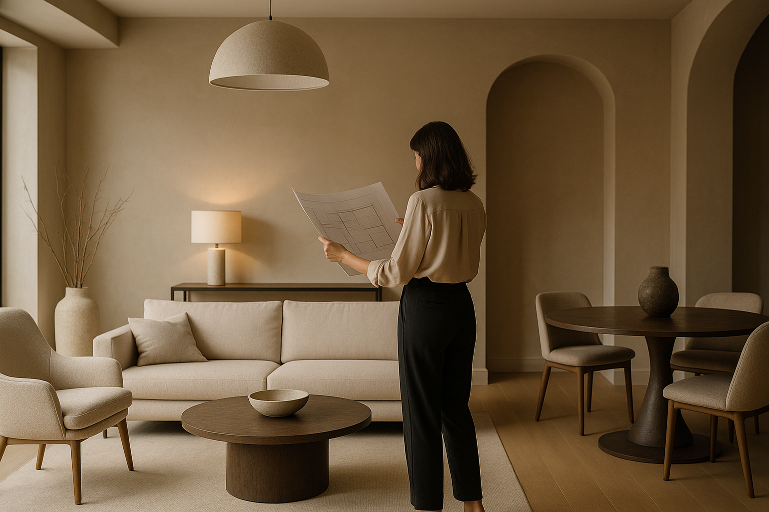 Ambiente interno elegante con palette coerente, materiali materici e illuminazione a livelli