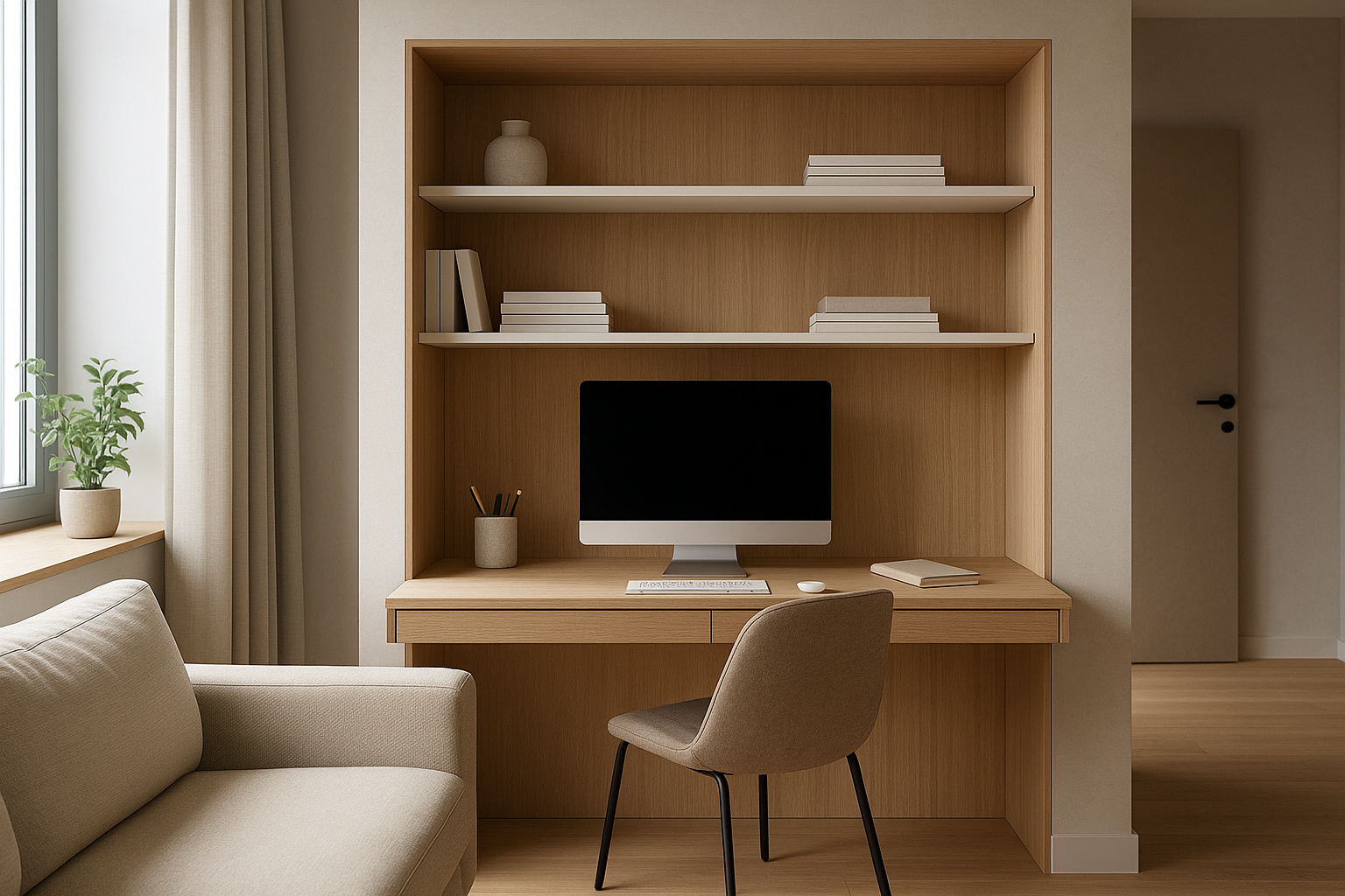 Spazio di lavoro domestico integrato nel soggiorno con scrivania minimale e luce naturale laterale