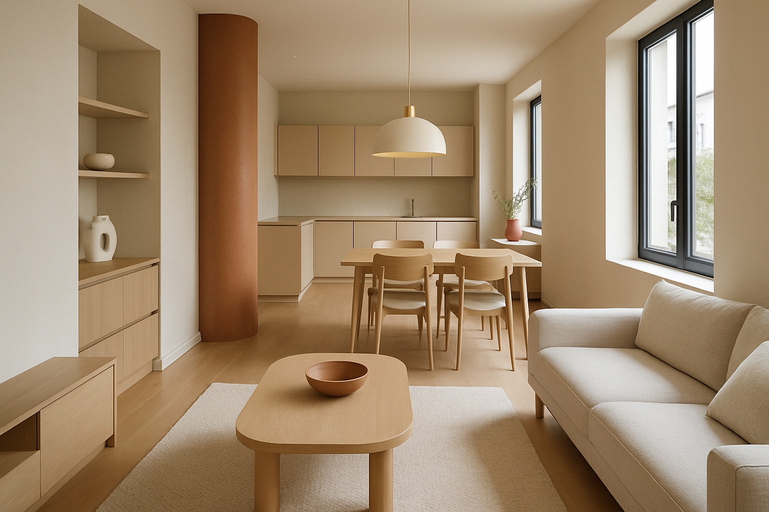 Interno moderno con open space, luce naturale, materiali opachi e arredi integrati