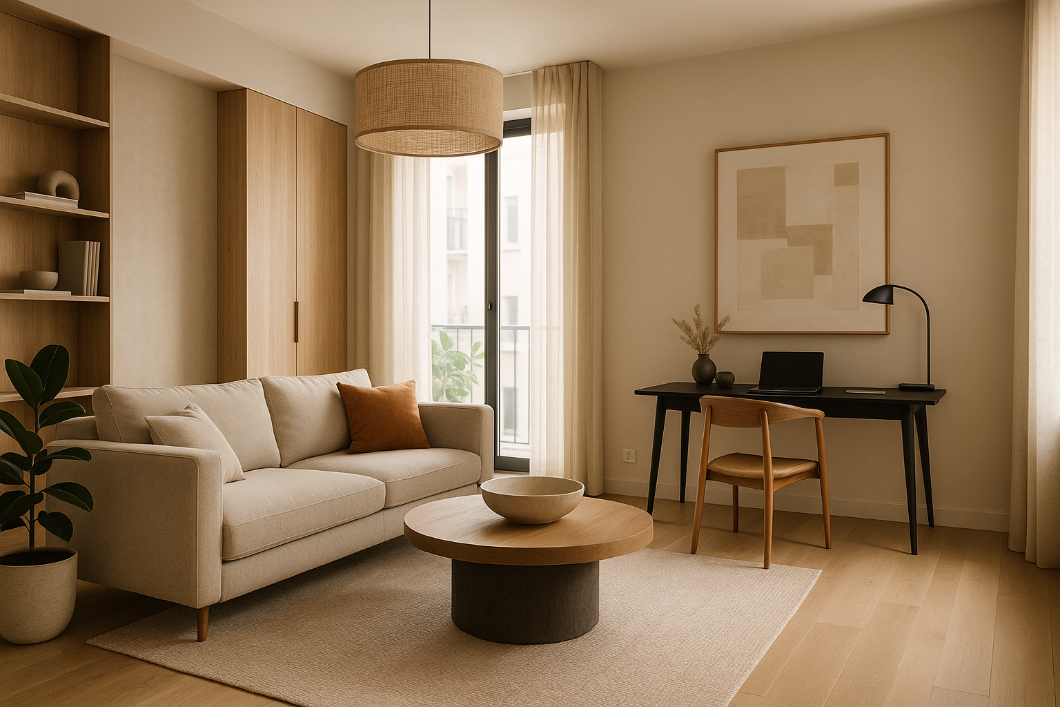 Esempio di ambiente domestico contemporaneo personalizzato con layout funzionale, materiali naturali e illuminazione stratificata