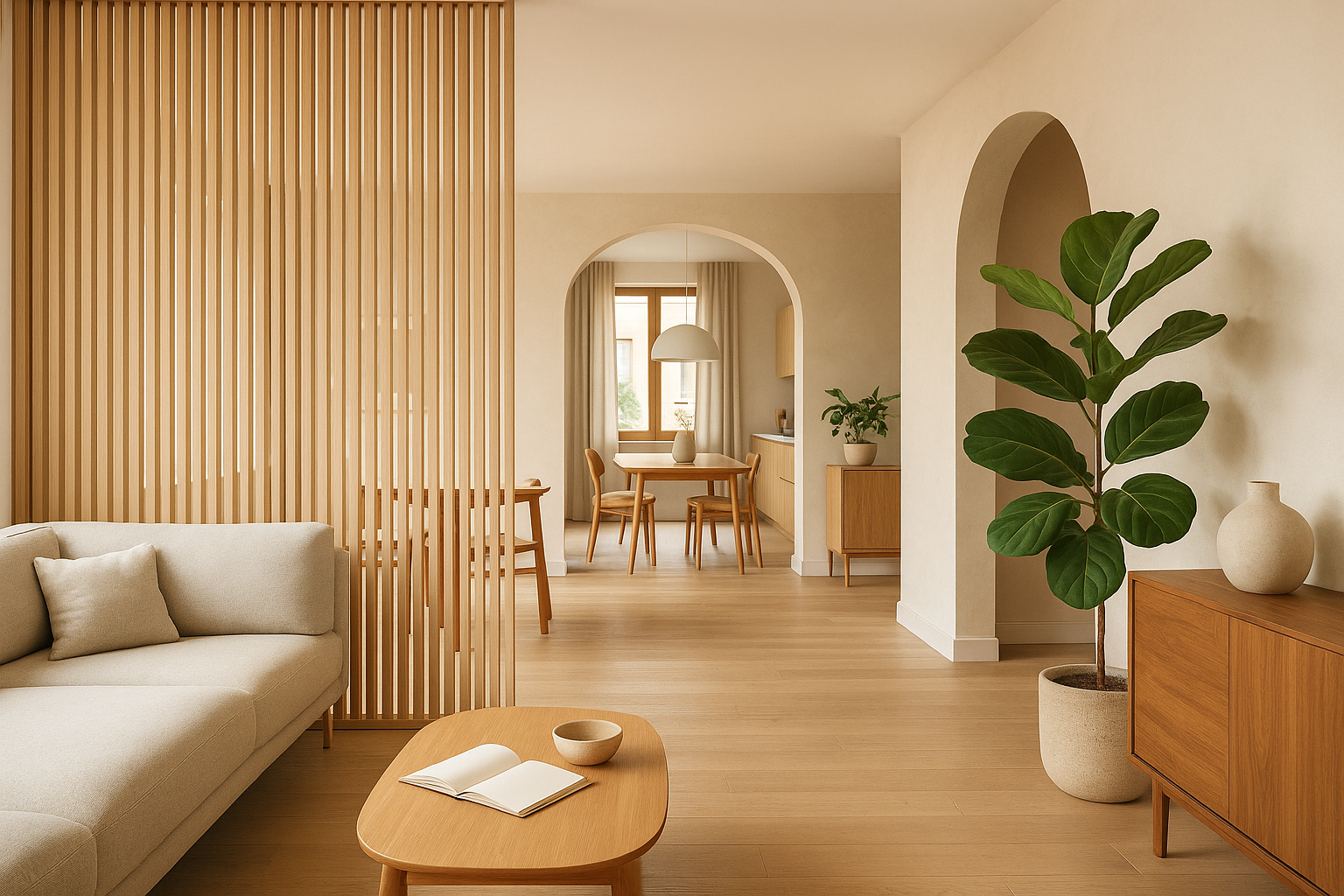 Spazio interno contemporaneo con layout flessibile, luce naturale e materiali caldi