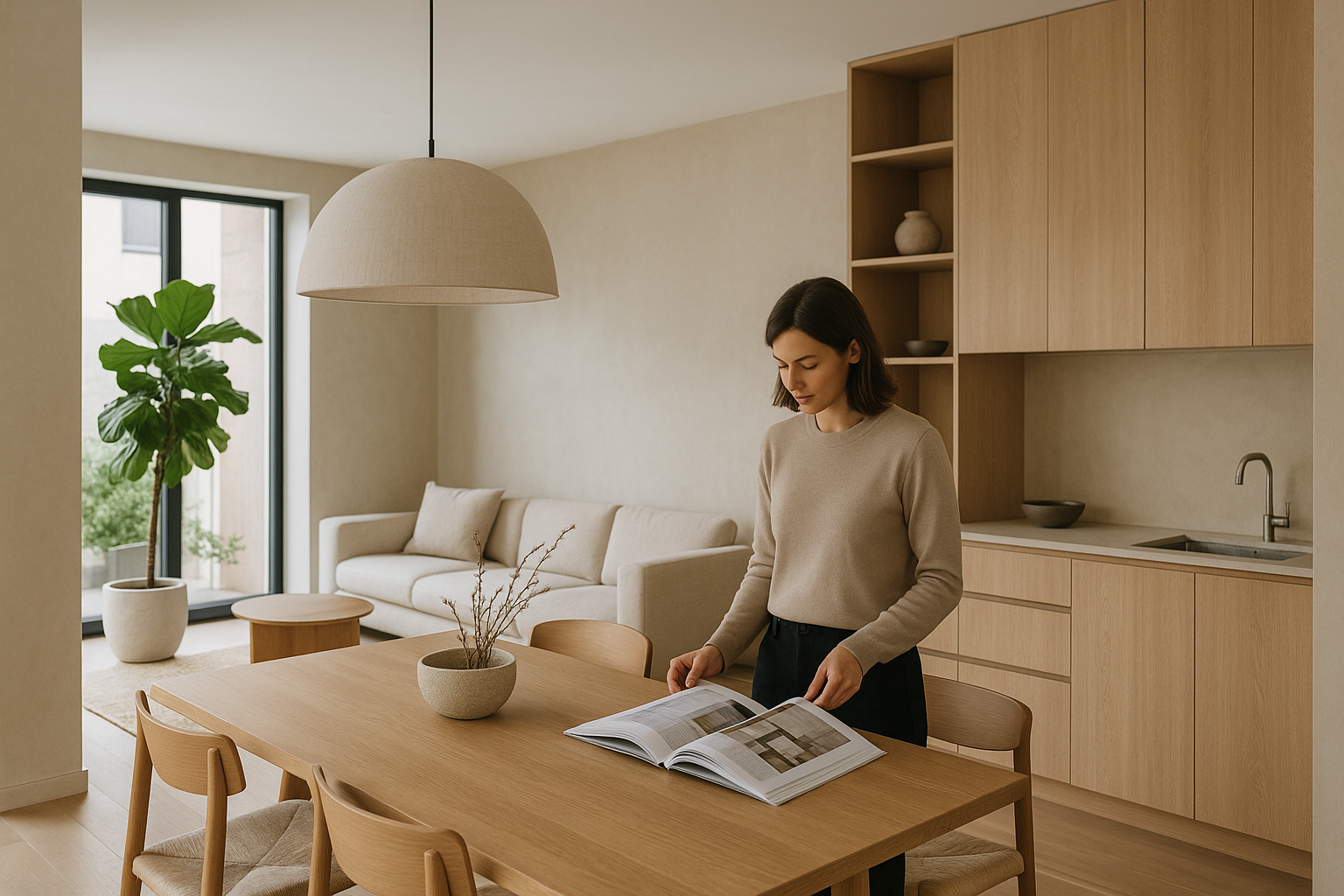 Zona giorno contemporanea progettata con soluzioni di architettura d’interni moderne e materiali naturali