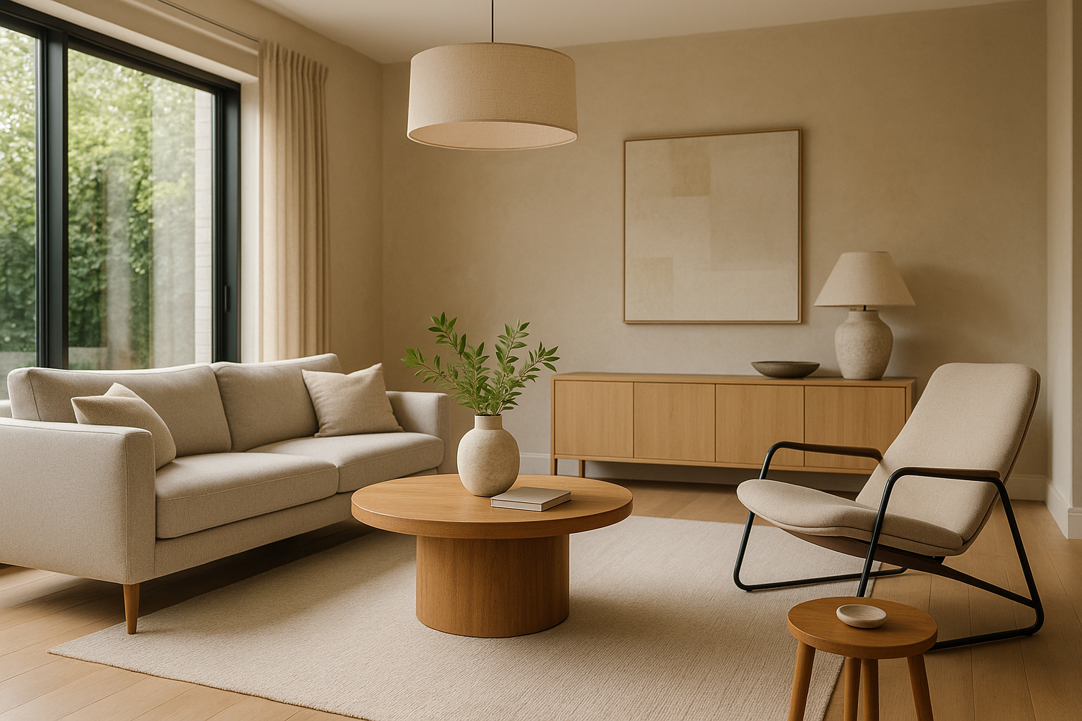 Soggiorno contemporaneo equilibrato tra estetica e comfort con luce naturale e arredi ergonomici
