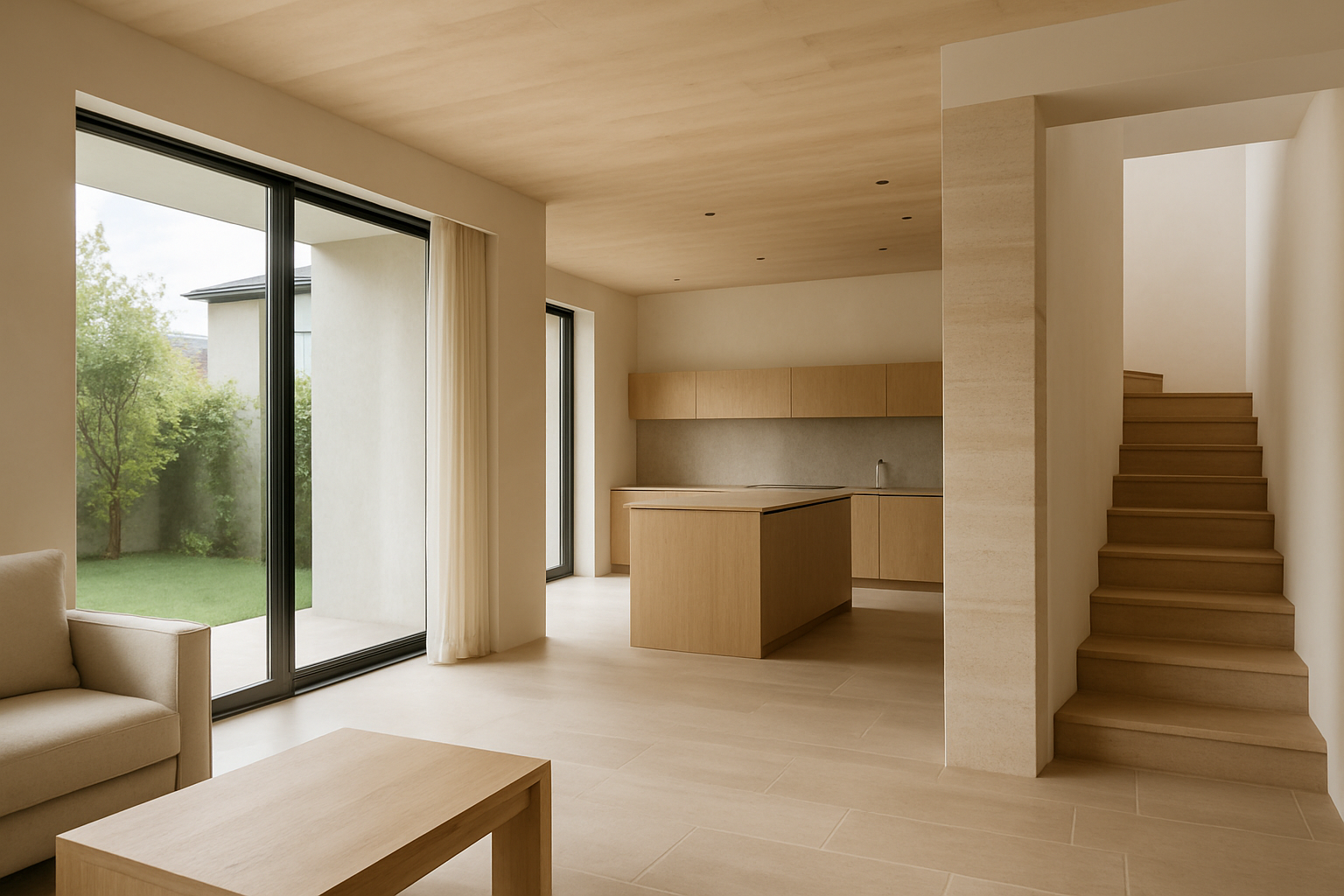 Ambiente interno luminoso con luce naturale diffusa, superfici chiare e schermature leggere