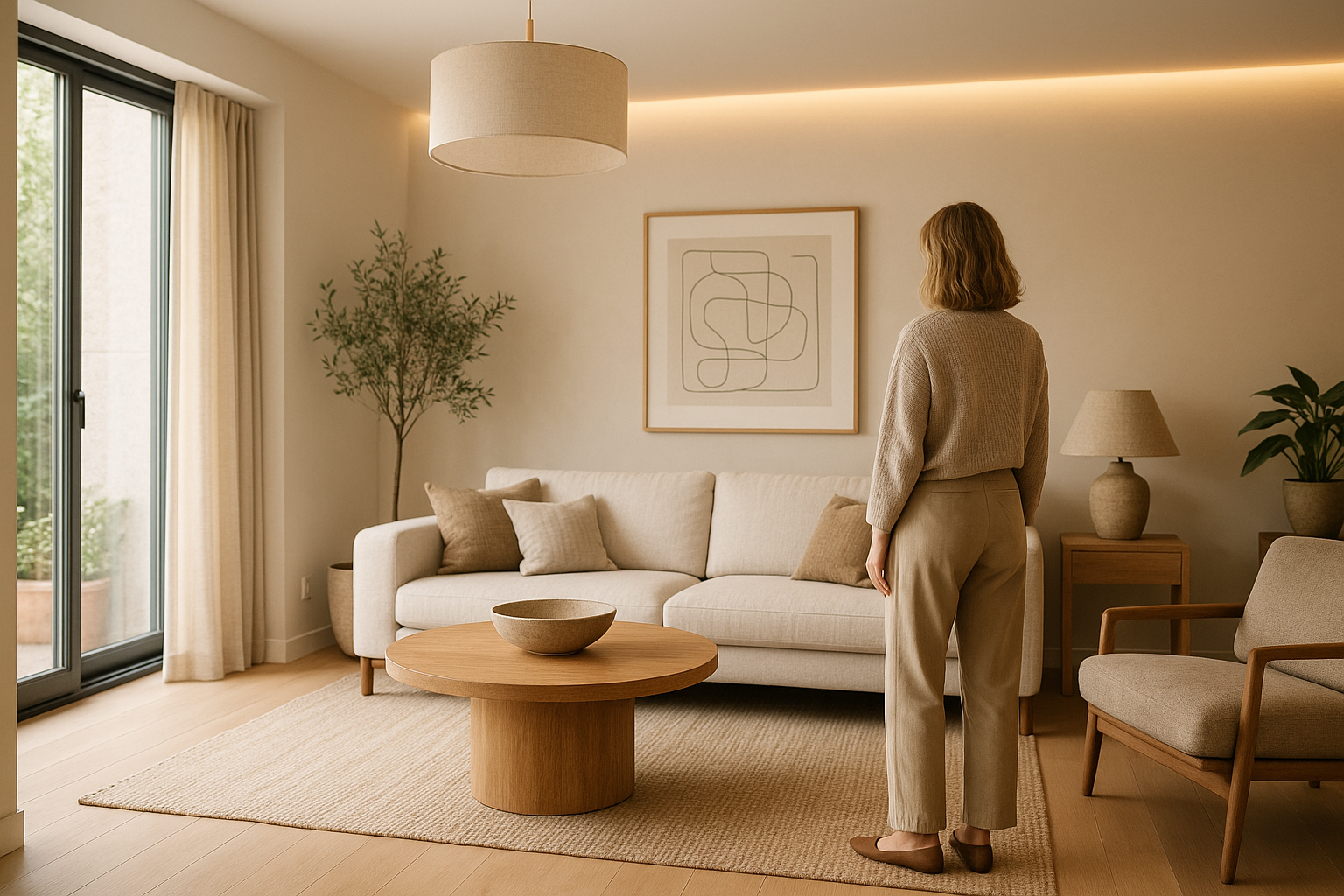 Soggiorno contemporaneo con palette neutra, materiali naturali e illuminazione stratificata per un’armonia visiva equilibrata
