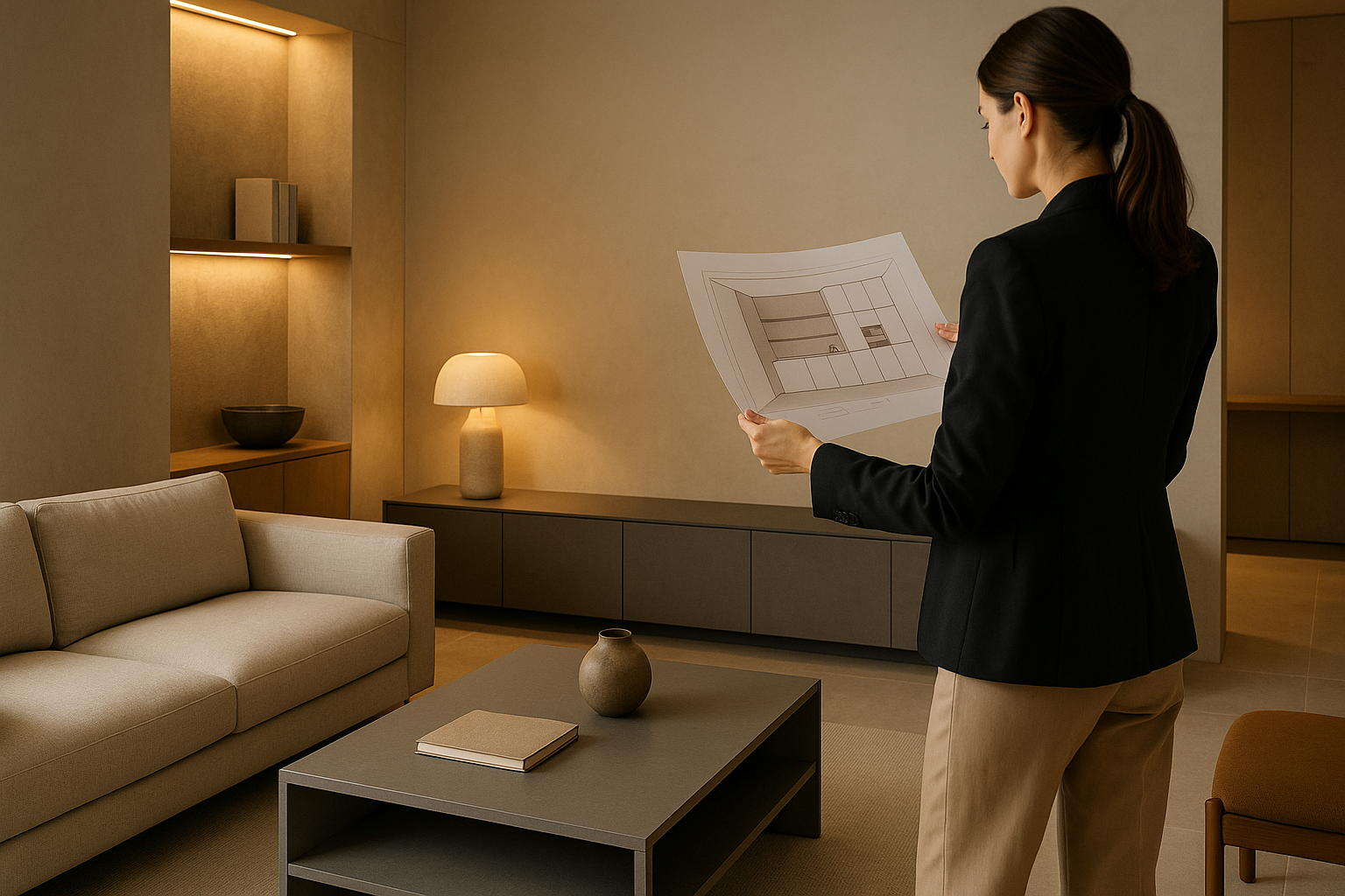 Interno contemporaneo con arredi modulari e luce stratificata che valorizza materiali opachi e soluzioni funzionali