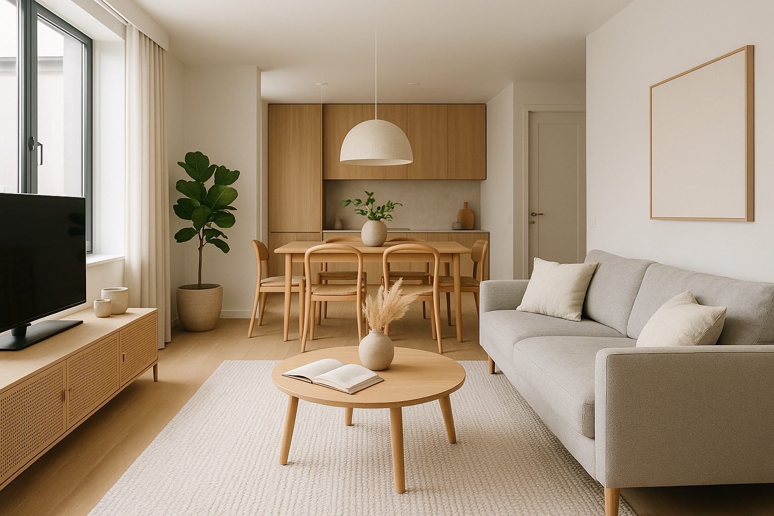 Zona giorno luminosa con distribuzione funzionale e finiture neutre per valorizzare gli interni