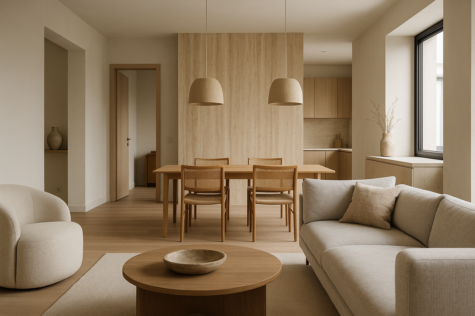 Ambiente abitativo contemporaneo progettato con luce naturale e materiali neutri