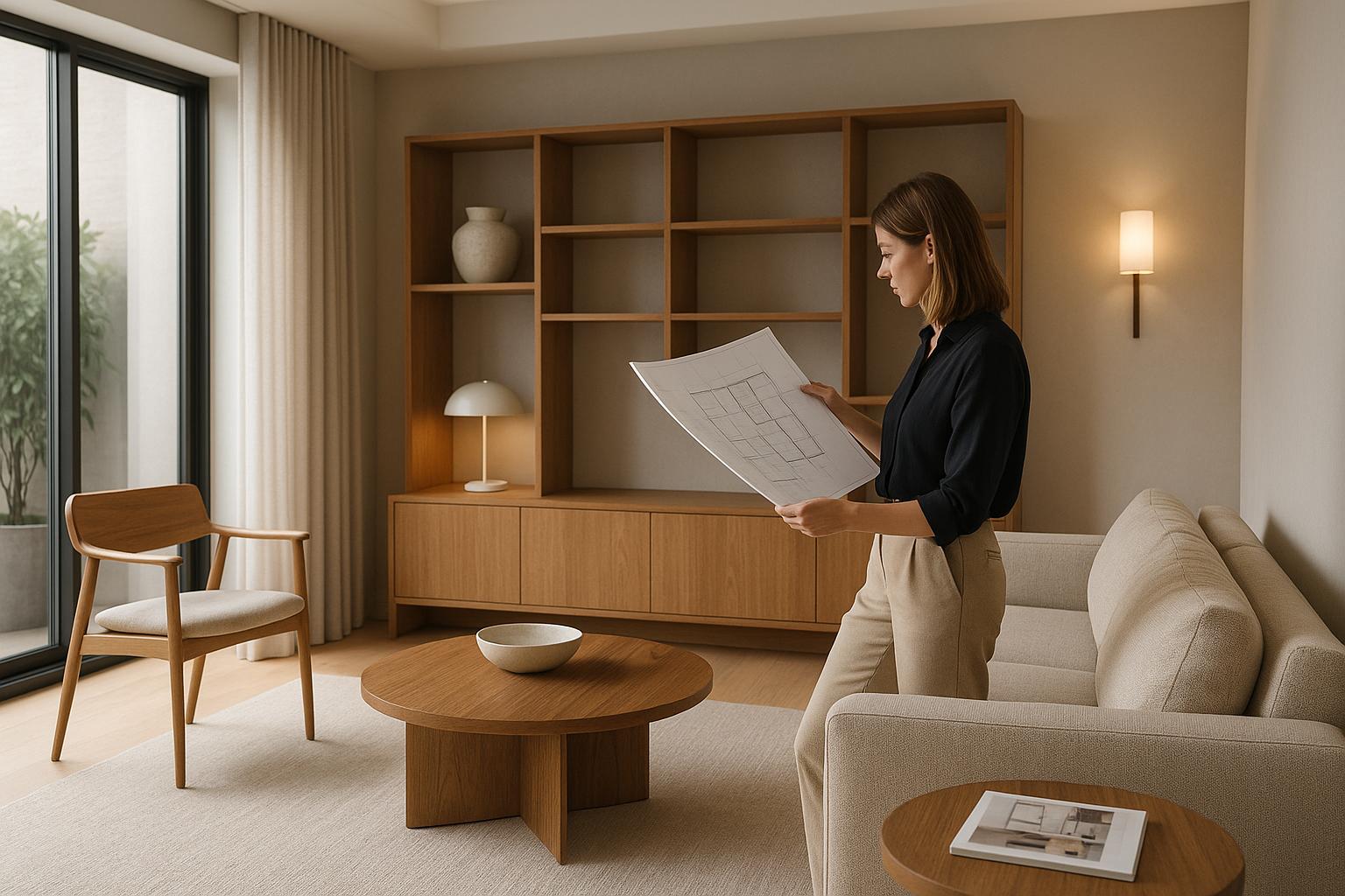 Soggiorno contemporaneo con arredi proporzionati e palette neutra in equilibrio con lo spazio