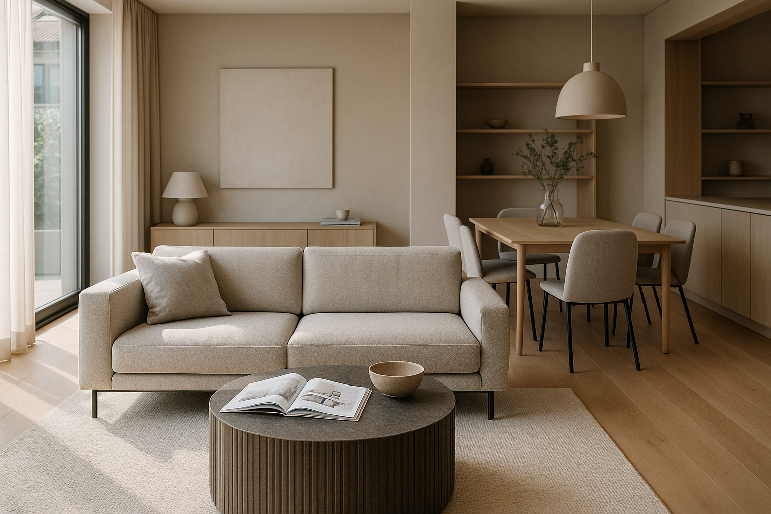 Zona giorno contemporanea con layout flessibile, luce naturale e arredi modulari