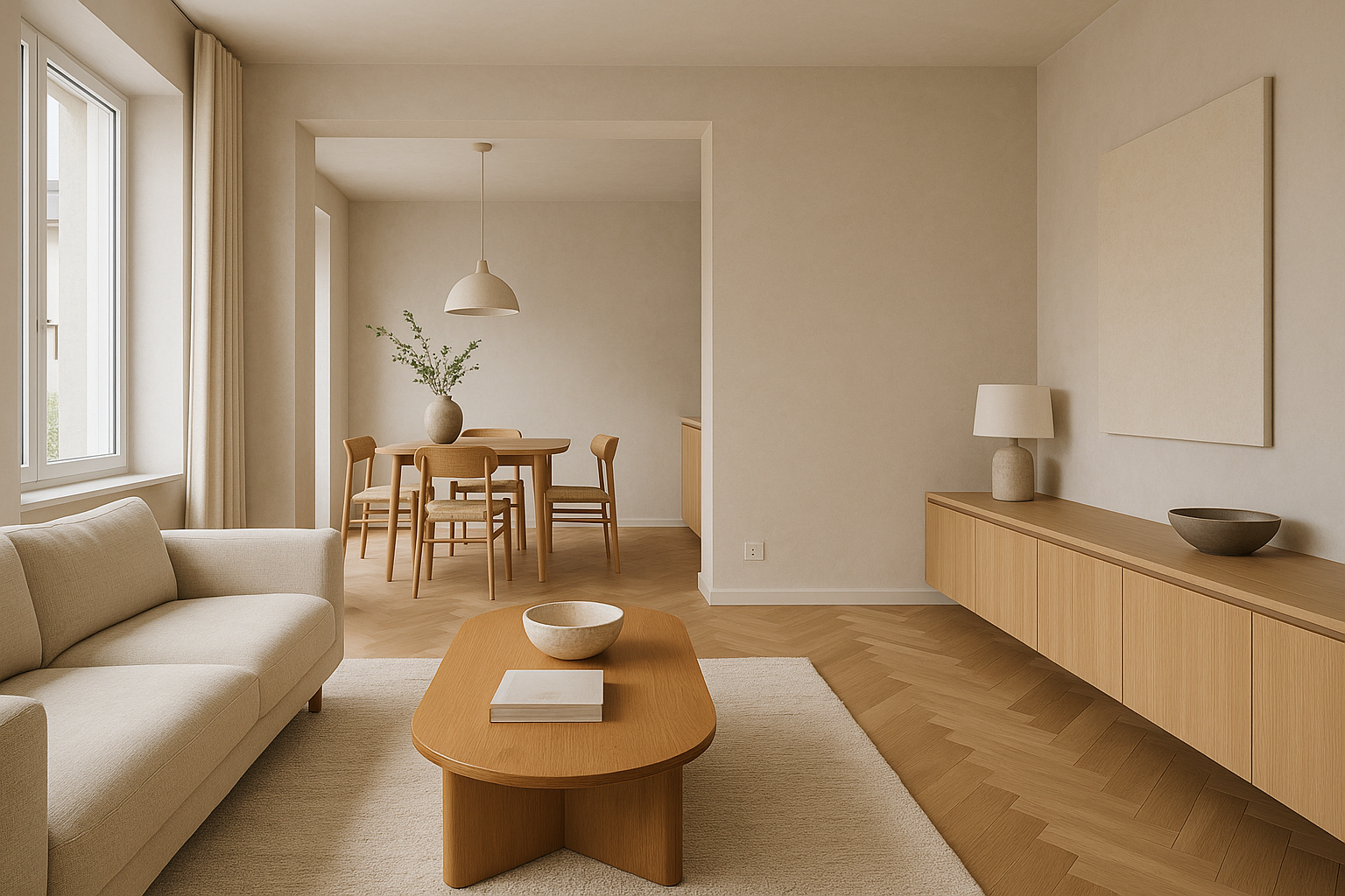 Zona giorno contemporanea con layout flessibile, luce naturale e materiali neutri