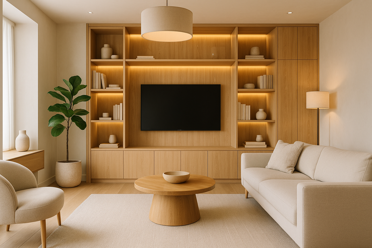 Interno contemporaneo con luce stratificata, materiali materici e soluzioni integrate di contenimento